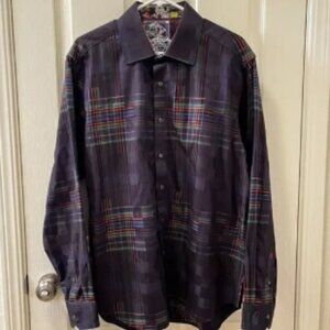 Robert Graham Rainbow Plaid Classic Fit Button Up Shirt Floral Contrast Cuffs XL
